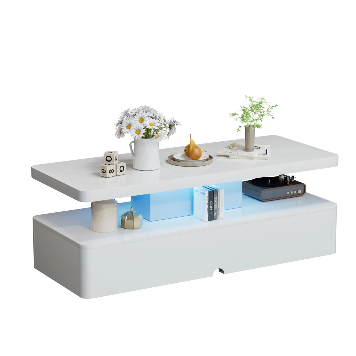 Modern Stylish Coffee Table with 16 Colors LED Lights, Double-Layer Design for Living Room, White