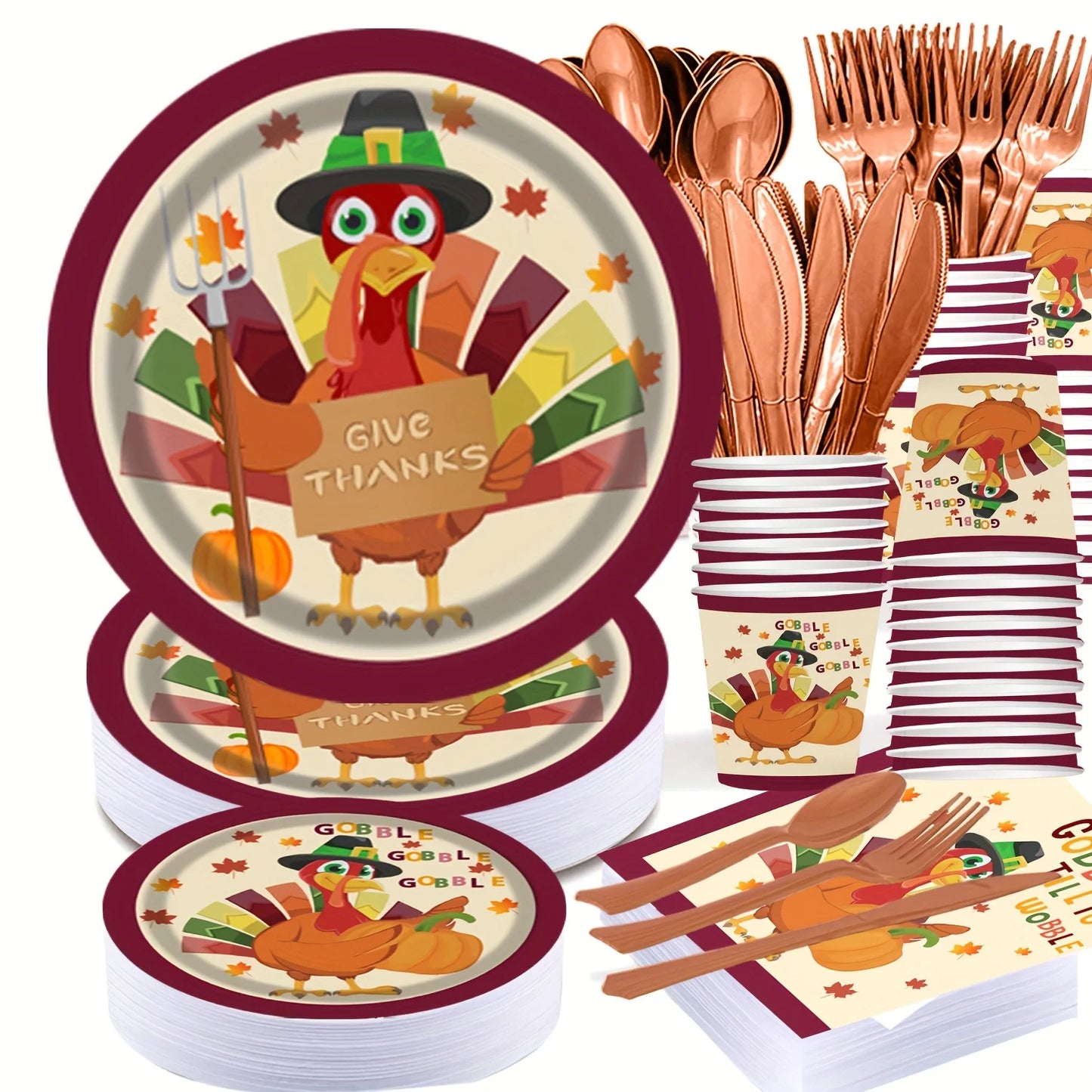 175 pcs Thanksgiving Harvest Turkey Paper Plate Set - Cutlery Sets for 25 Guests, Fall Autumn Holiday Party, Disposable Dinner a
