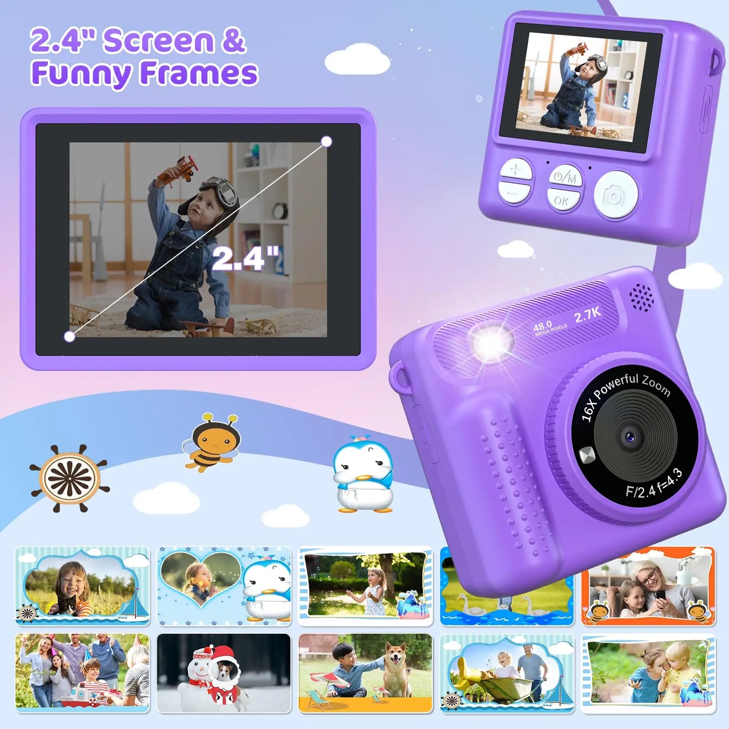 VATOS Instant Print Camera-2.4 inch Digital Camera Rechargeable Portable with Frame Printing Paper Birthday Gift for kids Purple