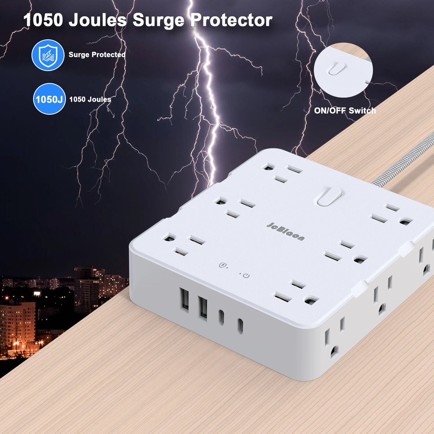 Surge Protector Power Strip with USB Ports,5Ft Braided Ultra Thin Flat Plug Extension Cord Power Strip with 3-Side 12 AC Outlets