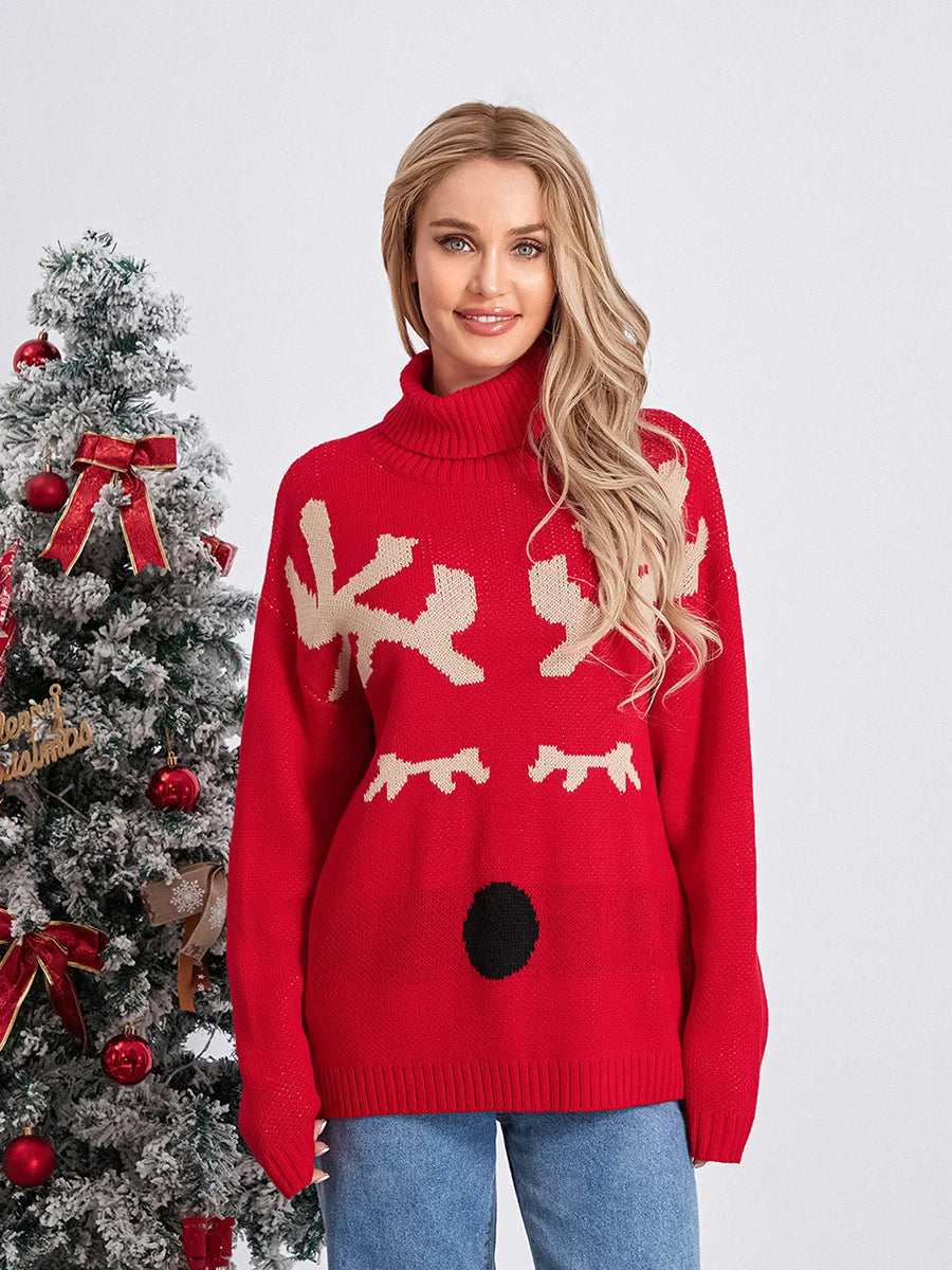 Women s Christmas Sweaters Long Sleeve Turtleneck Elk Print Pullovers Casual Knit Tops