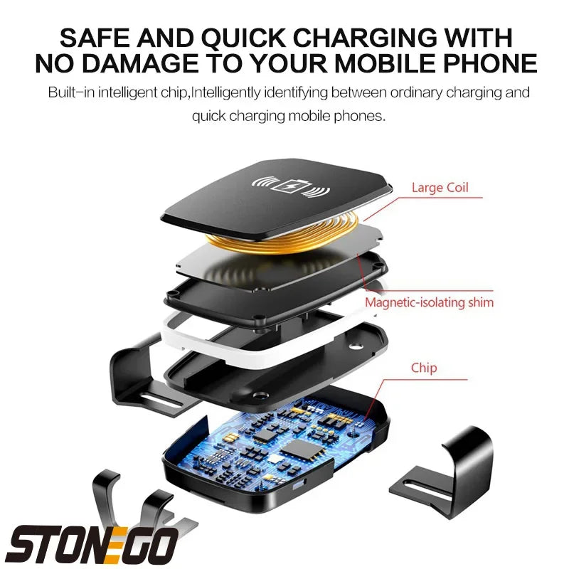 STONEGO Qi Fast Charging Car Holder, Wireless Charger, LED Indicator Lights Car Mount Auto Clamping Air Vent Mount Car Holder