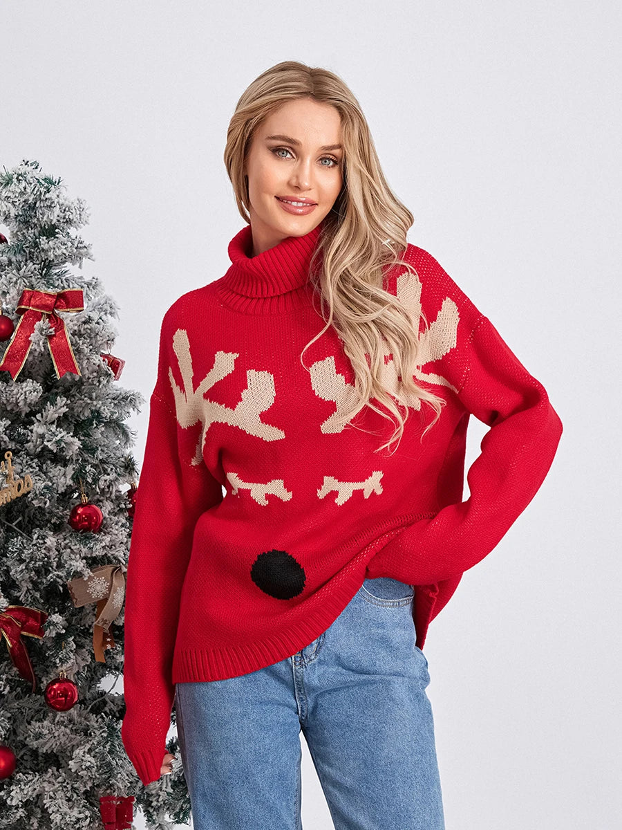 Women s Christmas Sweaters Long Sleeve Turtleneck Elk Print Pullovers Casual Knit Tops