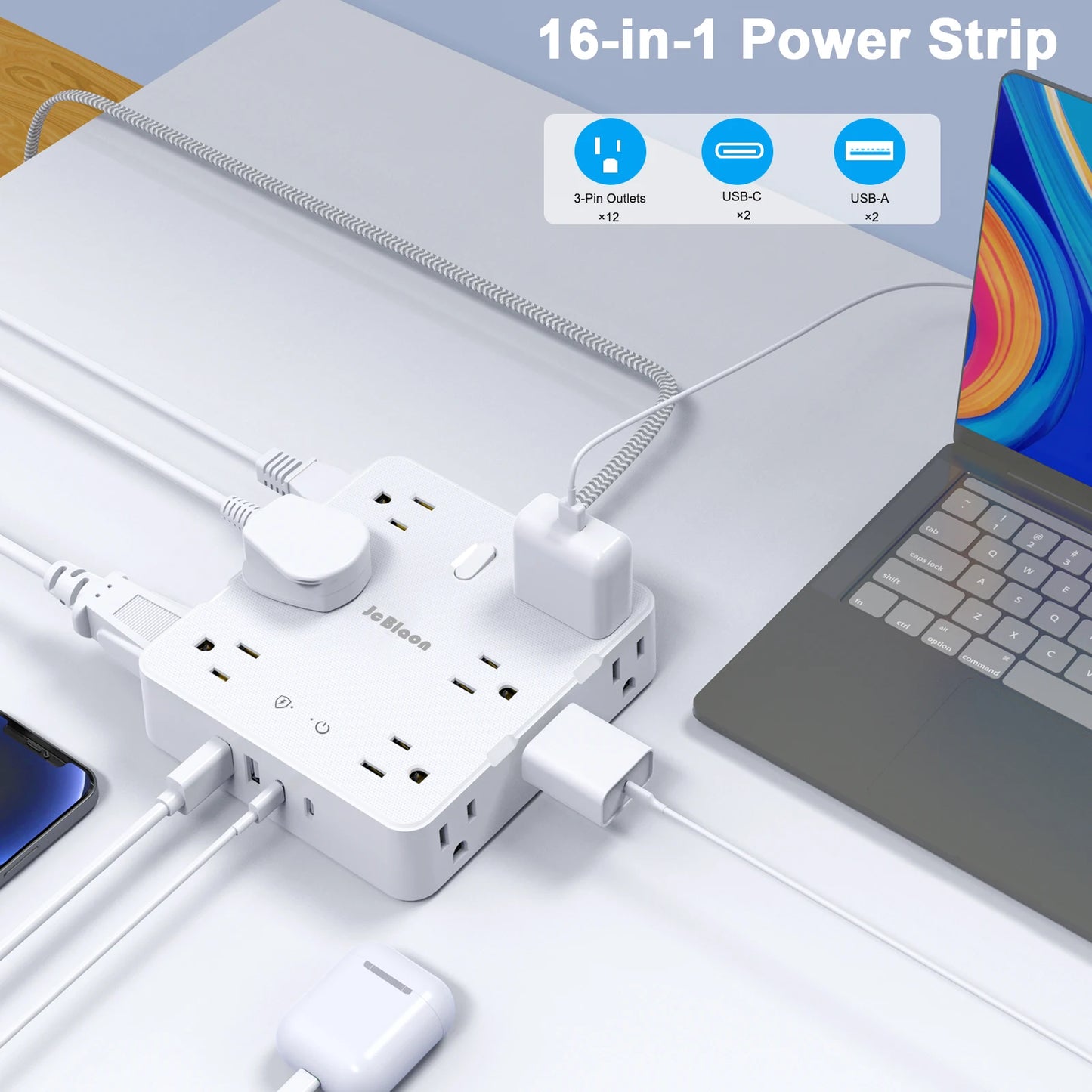 Surge Protector Power Strip with USB Ports,5Ft Braided Ultra Thin Flat Plug Extension Cord Power Strip with 3-Side 12 AC Outlets