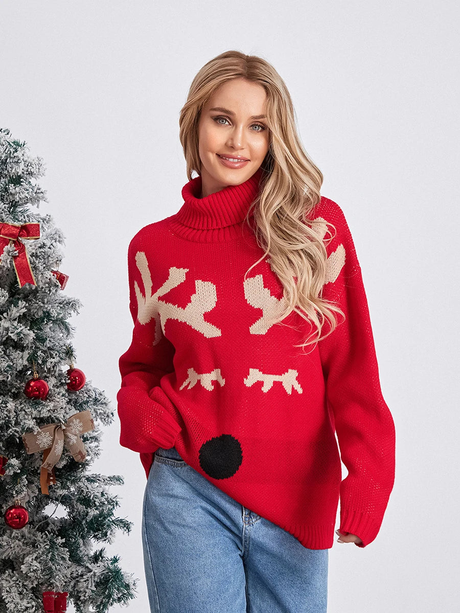 Women s Christmas Sweaters Long Sleeve Turtleneck Elk Print Pullovers Casual Knit Tops