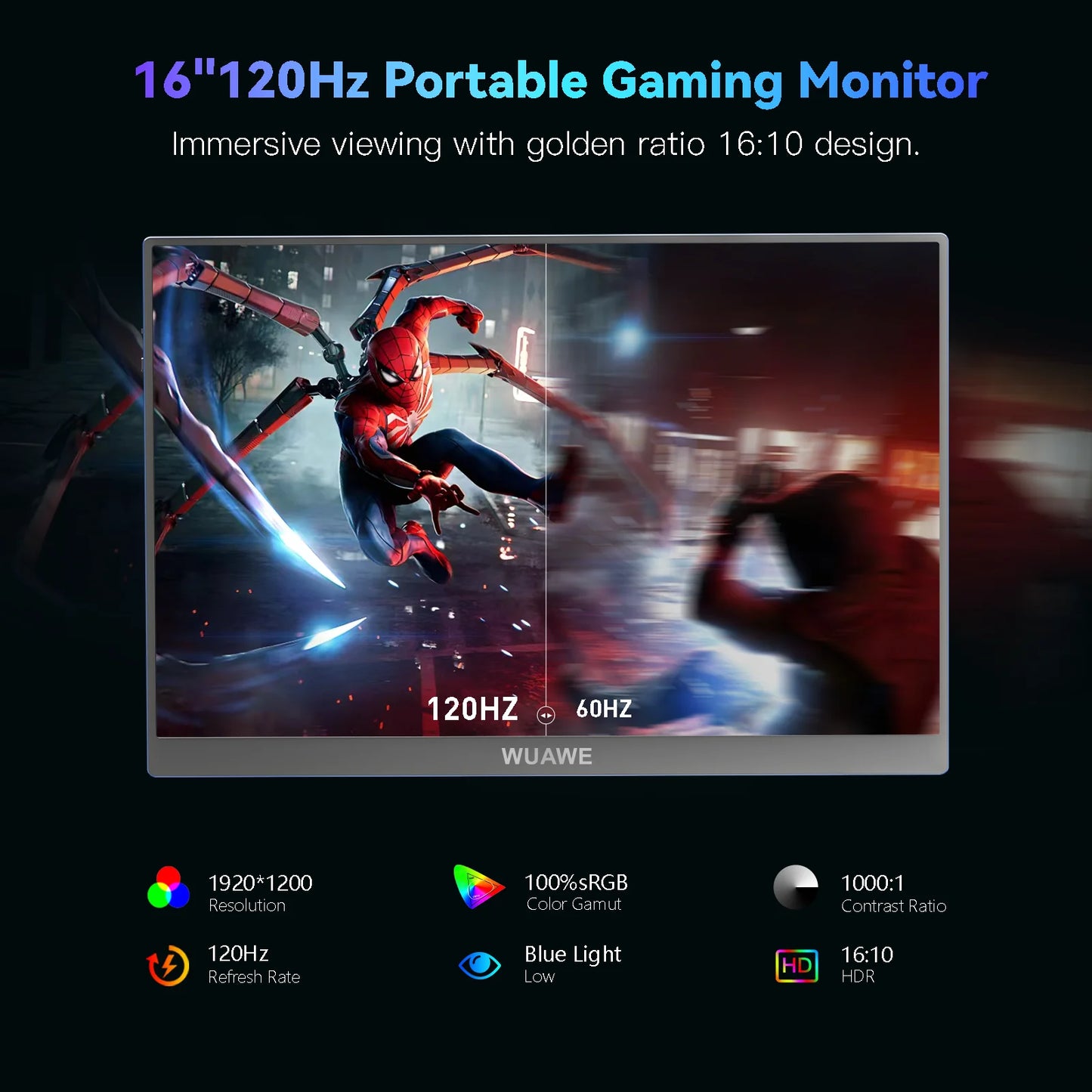 2024 High Quality 120hz Gaming Portable Monitor with Stand, 16 inch 1200P External Second PC Screen for Phone Laptop Xbox Mac