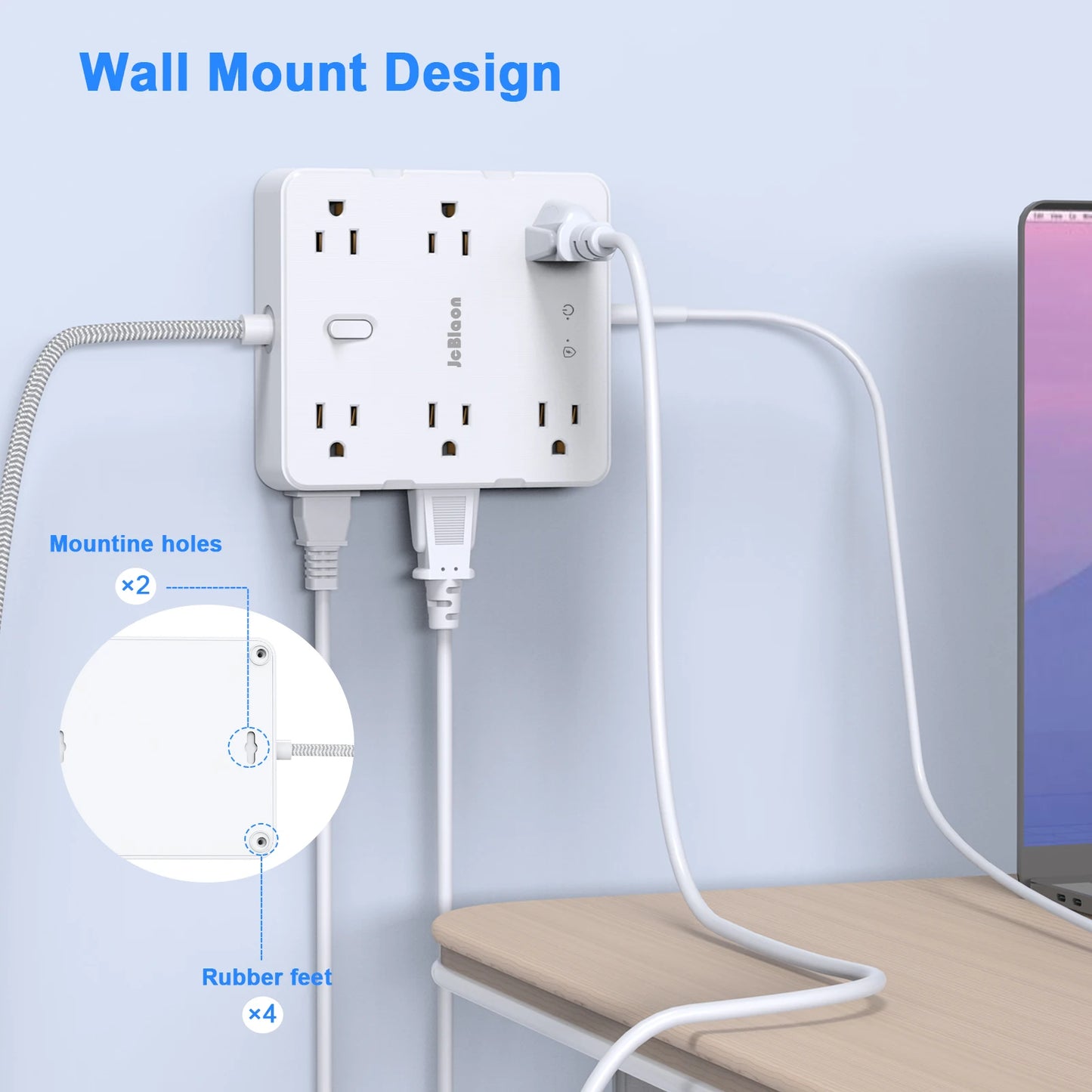 Surge Protector Power Strip with USB Ports,5Ft Braided Ultra Thin Flat Plug Extension Cord Power Strip with 3-Side 12 AC Outlets