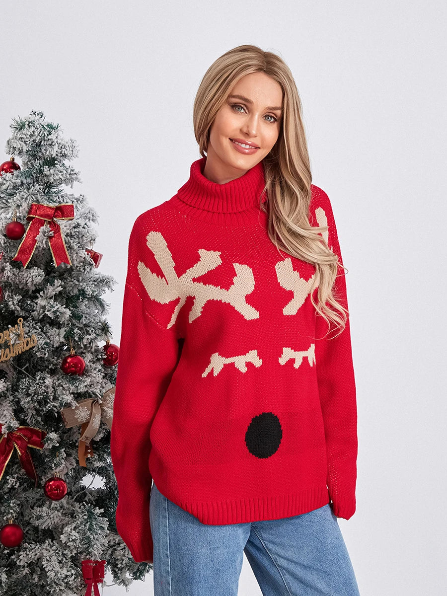 Women s Christmas Sweaters Long Sleeve Turtleneck Elk Print Pullovers Casual Knit Tops