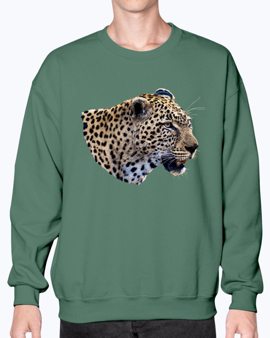 Leopard's Smile, Nature Lover's Cozy Apparel, cat lovers, wildlife fans, Moss Apparel, Unisex Crewneck Sweatshirt