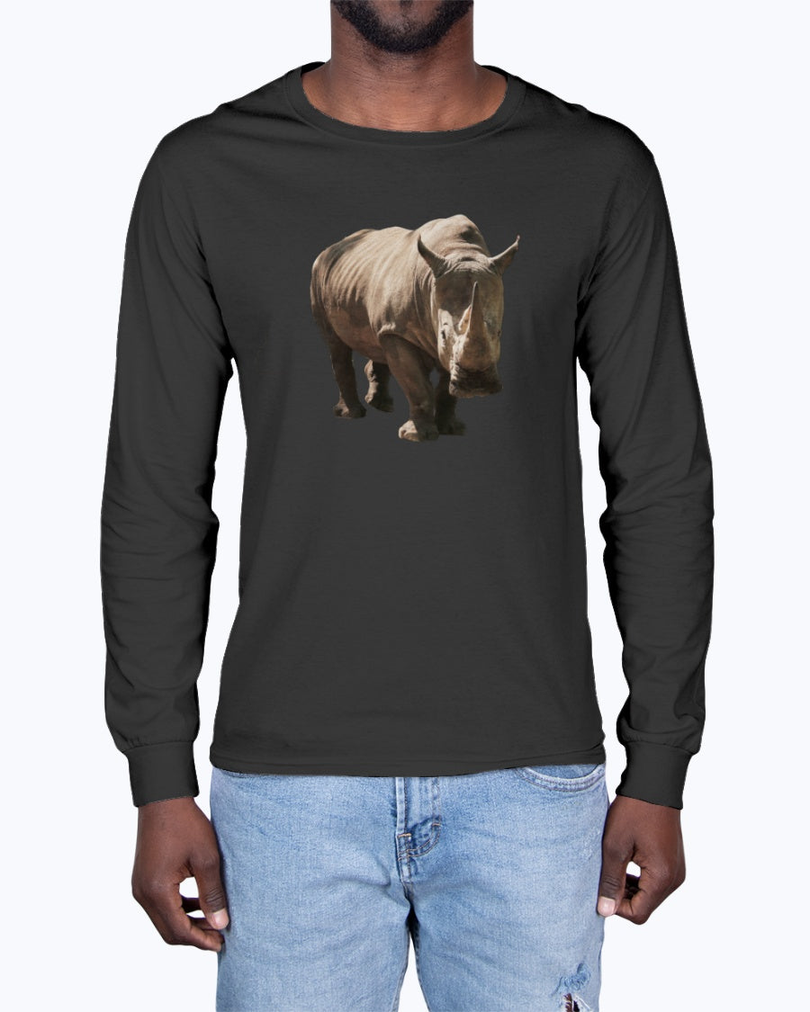 Rhino's Stance, Animal Lover Gift, Wildlife Sweatshirt, Nature Apparel, Thoughtful Gift, Eco-Conscious Fashion, Moss Apparel, Unisex Long Sleeve T-Shirt