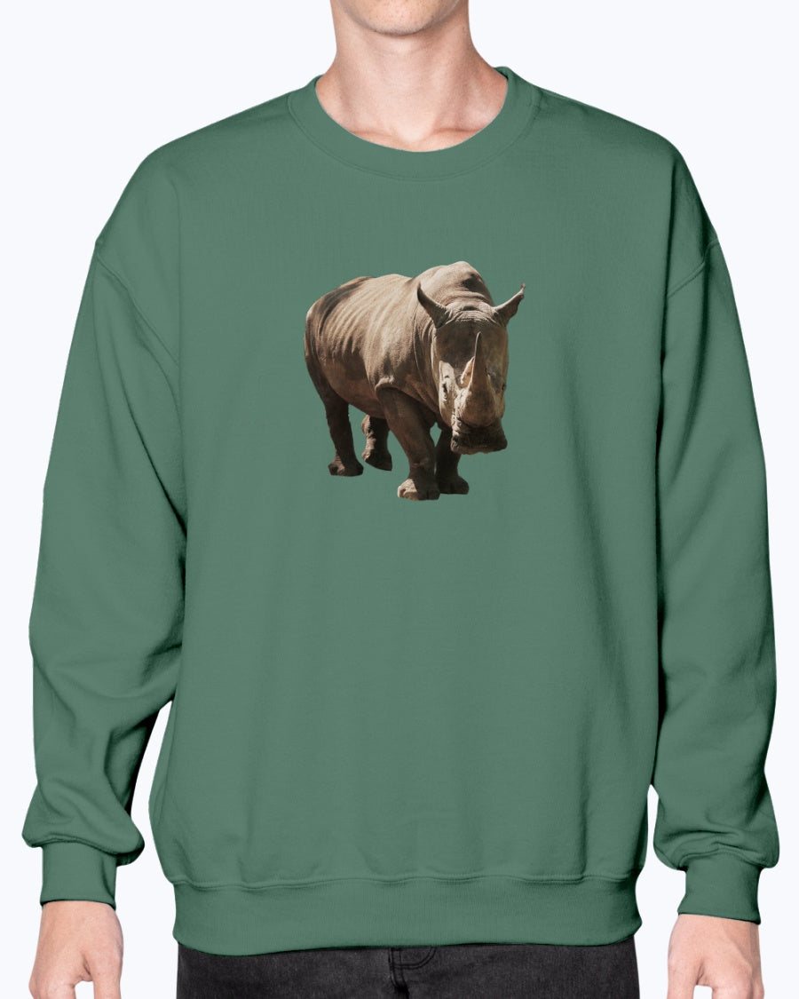 Rhino's Stance, Animal Lover Gift, Wildlife Sweatshirt, Nature Apparel, Thoughtful Gift, Eco-Conscious Fashion, Moss Apparel, Unisex Crewneck Sweatshirt