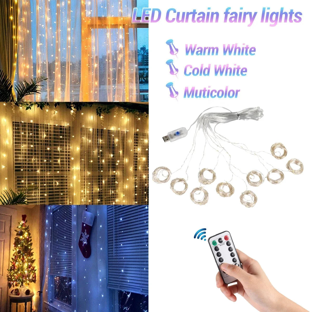 Home Christmas Lights Curtain Garland Merry