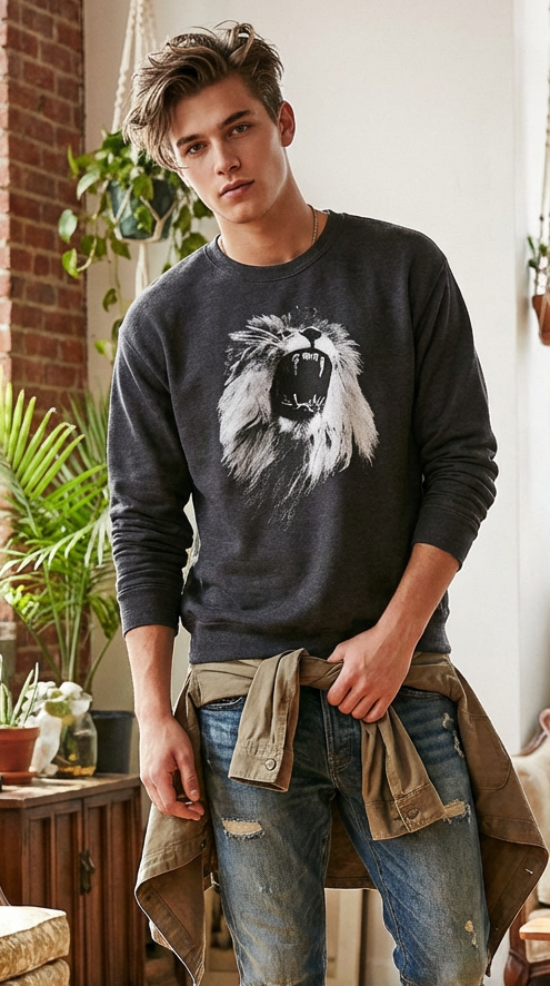 Majestic Lion, Animal Lover Gift, Cozy Casual Wear, Moss Apparel, Unisex Crewneck Sweatshirt