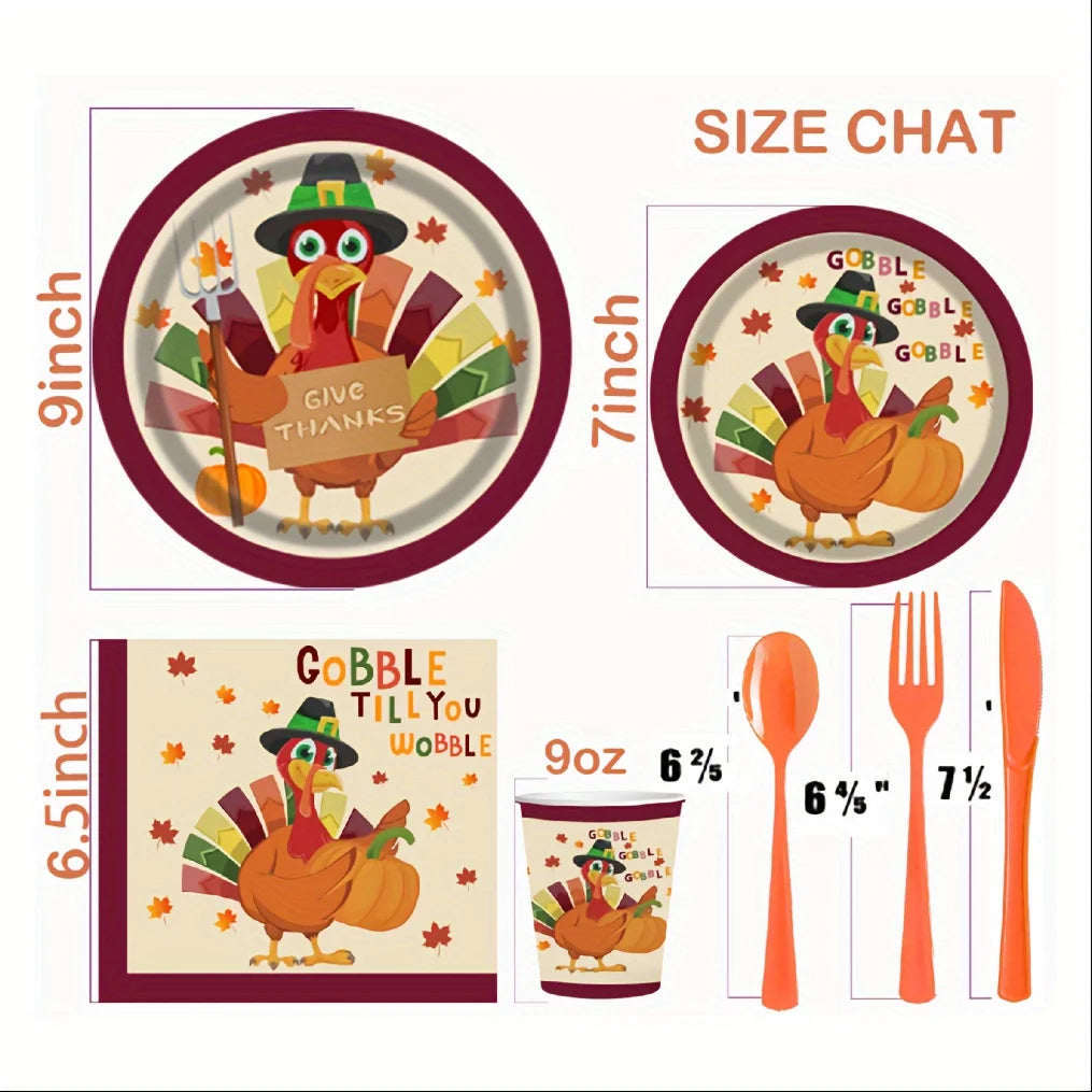 175 pcs Thanksgiving Harvest Turkey Paper Plate Set - Cutlery Sets for 25 Guests, Fall Autumn Holiday Party, Disposable Dinner a