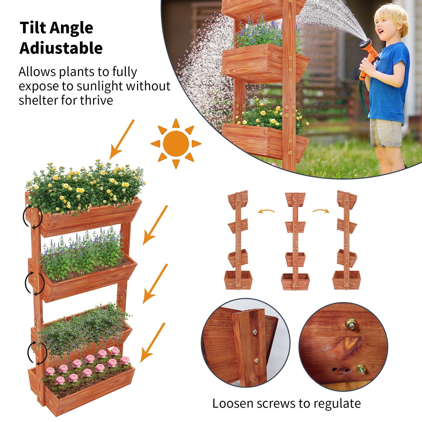 4-Tier Raised Garden Bed, Vertical Flower Pots Rack with Detachable Ladder and Adjustable Shelf, Wooden Elevated Planters Stand