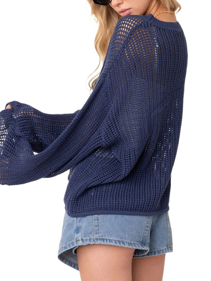 Women s Spring Autumn Knit Tops Blue Long Sleeve O Neck Star Print Hollow Sweater