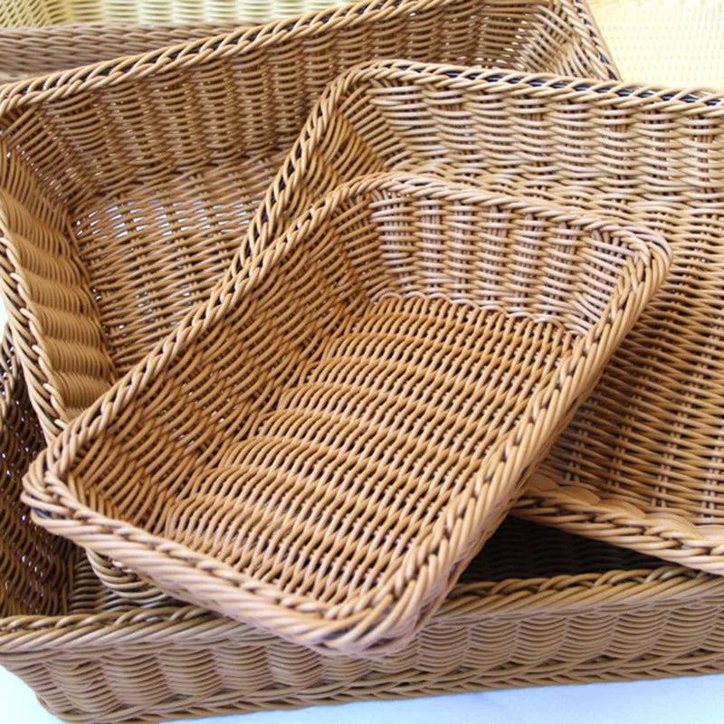 Handwoven Rattan Storage Basket Wicker Tray Rectangular Picnic Basket Bread Food Fruit Cake Plate Sundries Box Kitchen Organizer