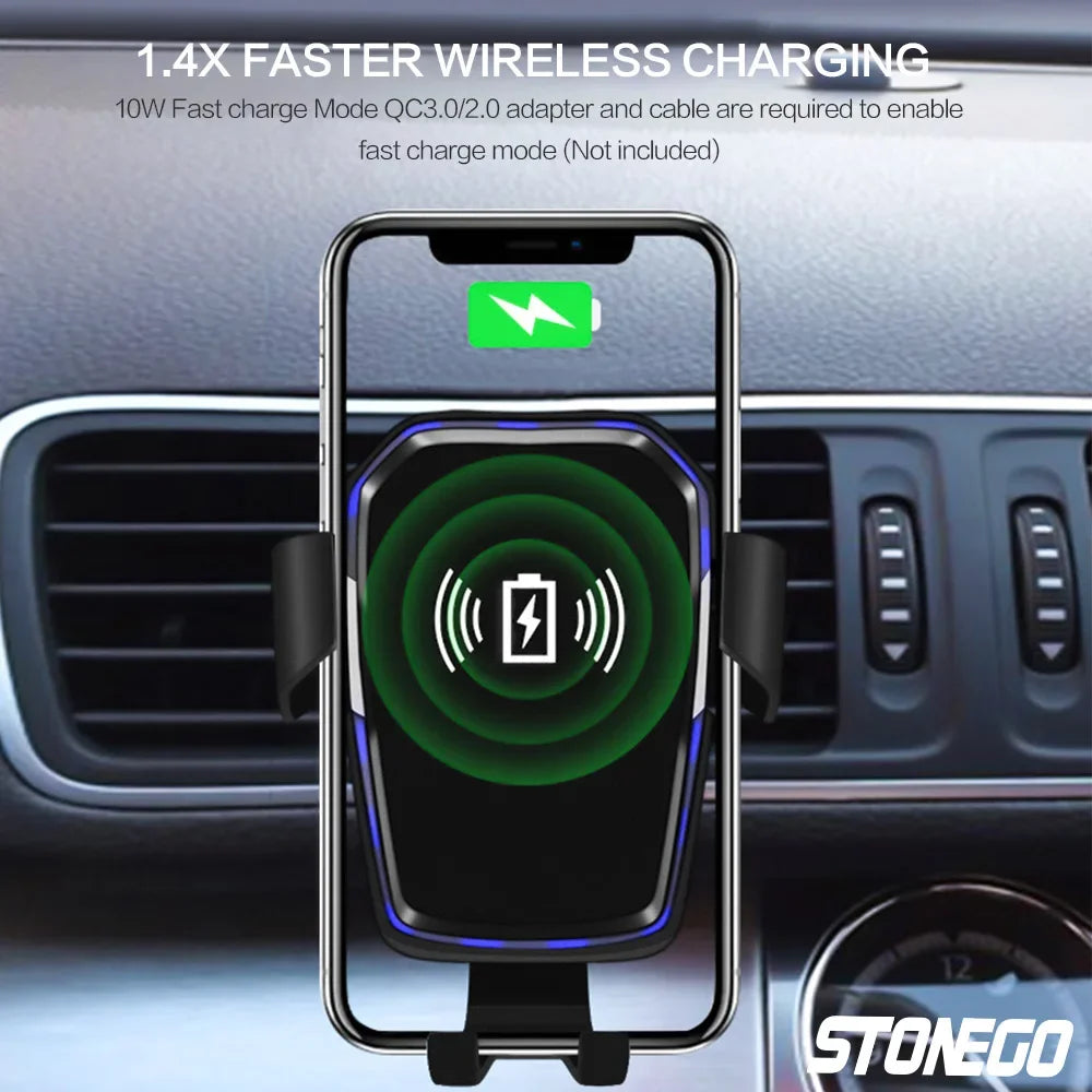 STONEGO Qi Fast Charging Car Holder, Wireless Charger, LED Indicator Lights Car Mount Auto Clamping Air Vent Mount Car Holder