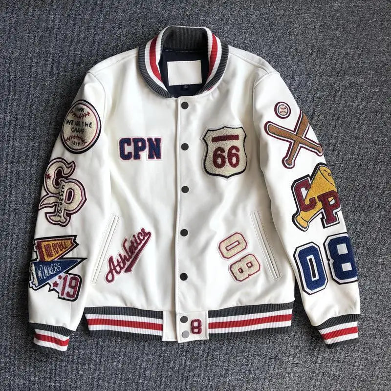 2025 New Men's winter baseball Jacket Men Retro Trend leather Jacket heavy industry embroidery white short Coats Men Clothing