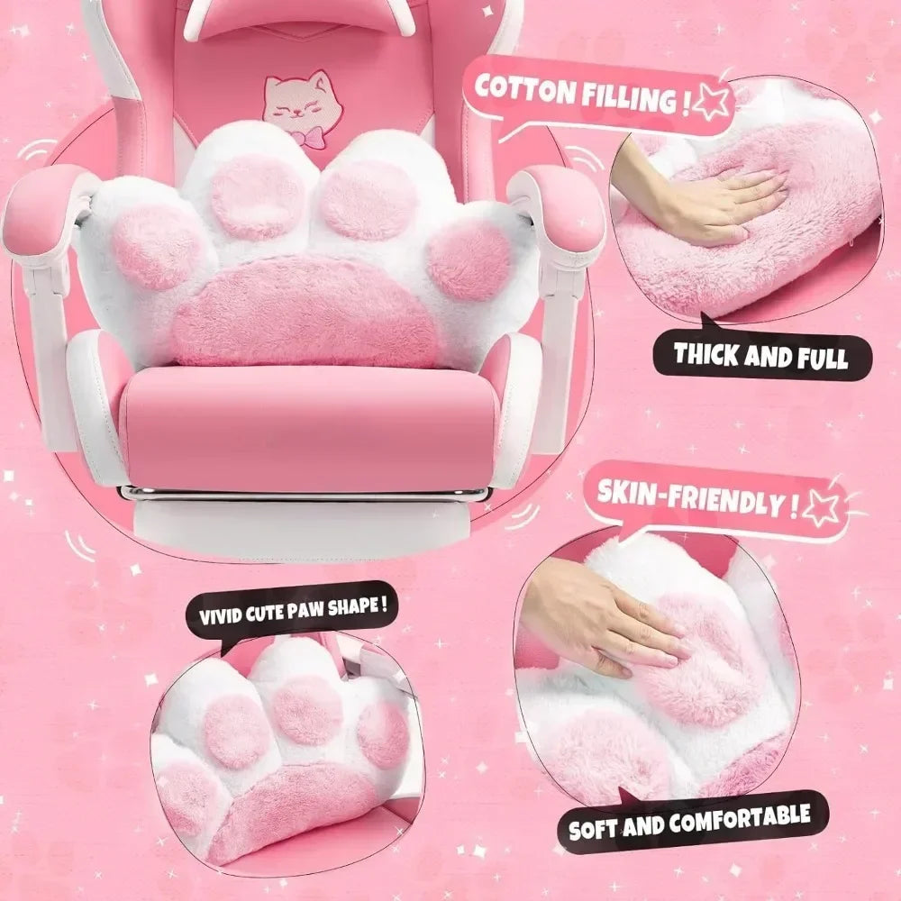 Pink Gaming Chair with Cat Paw Lumbar Cushion and Cat Ears, Ergonomic Computer Chair with Footrest