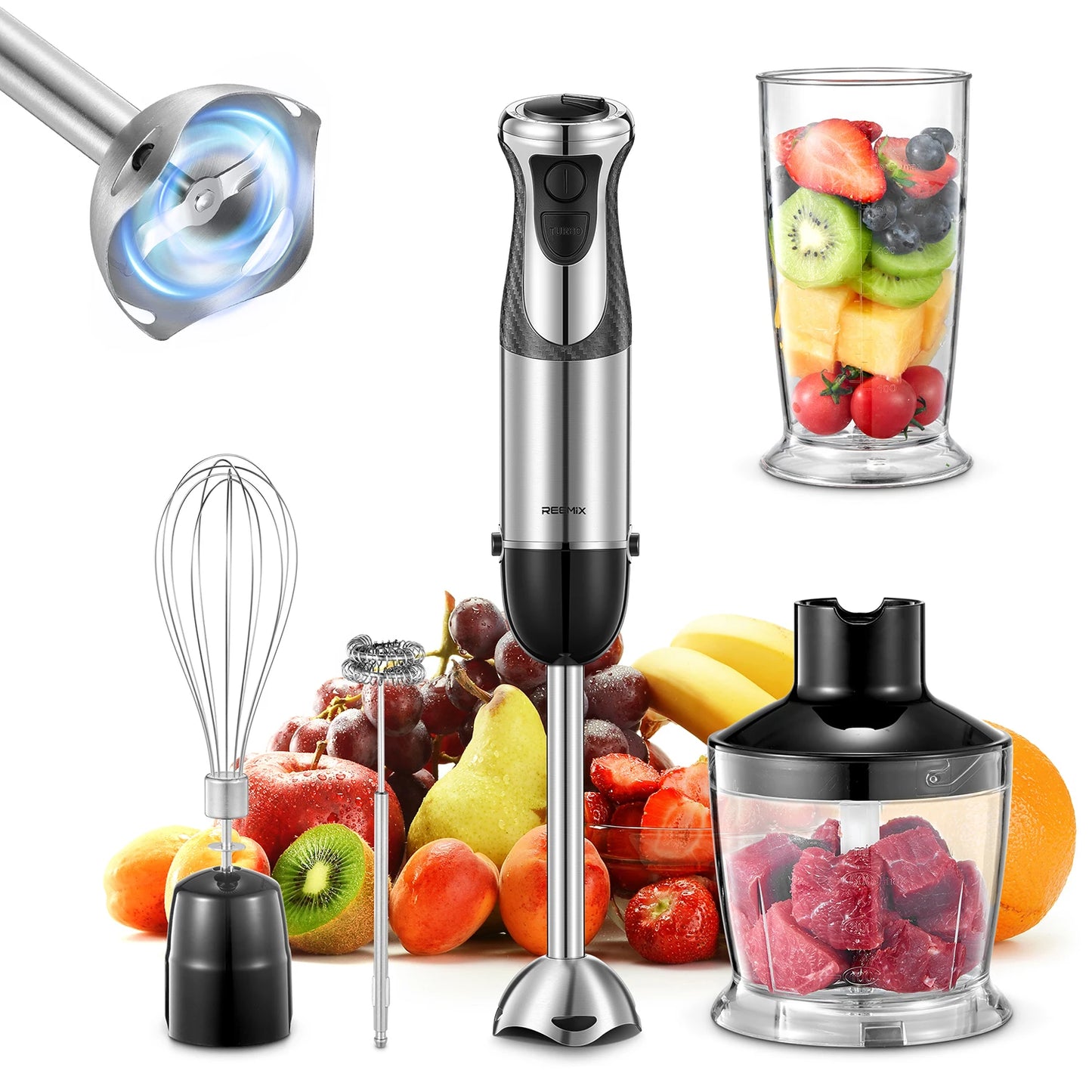 Hand Blender 1000W, Reemix 5-in-1 Electric Stick Blender, Copper Motor Stainless Steel Blade Stick Blender Mixer with Turbo Mode