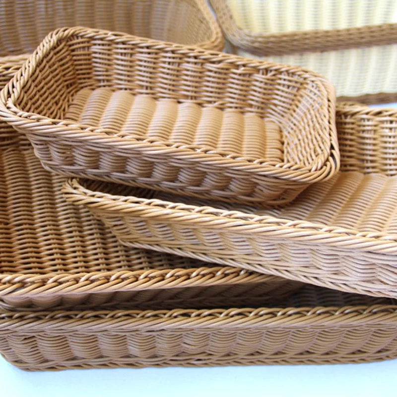 Handwoven Rattan Storage Basket Wicker Tray Rectangular Picnic Basket Bread Food Fruit Cake Plate Sundries Box Kitchen Organizer