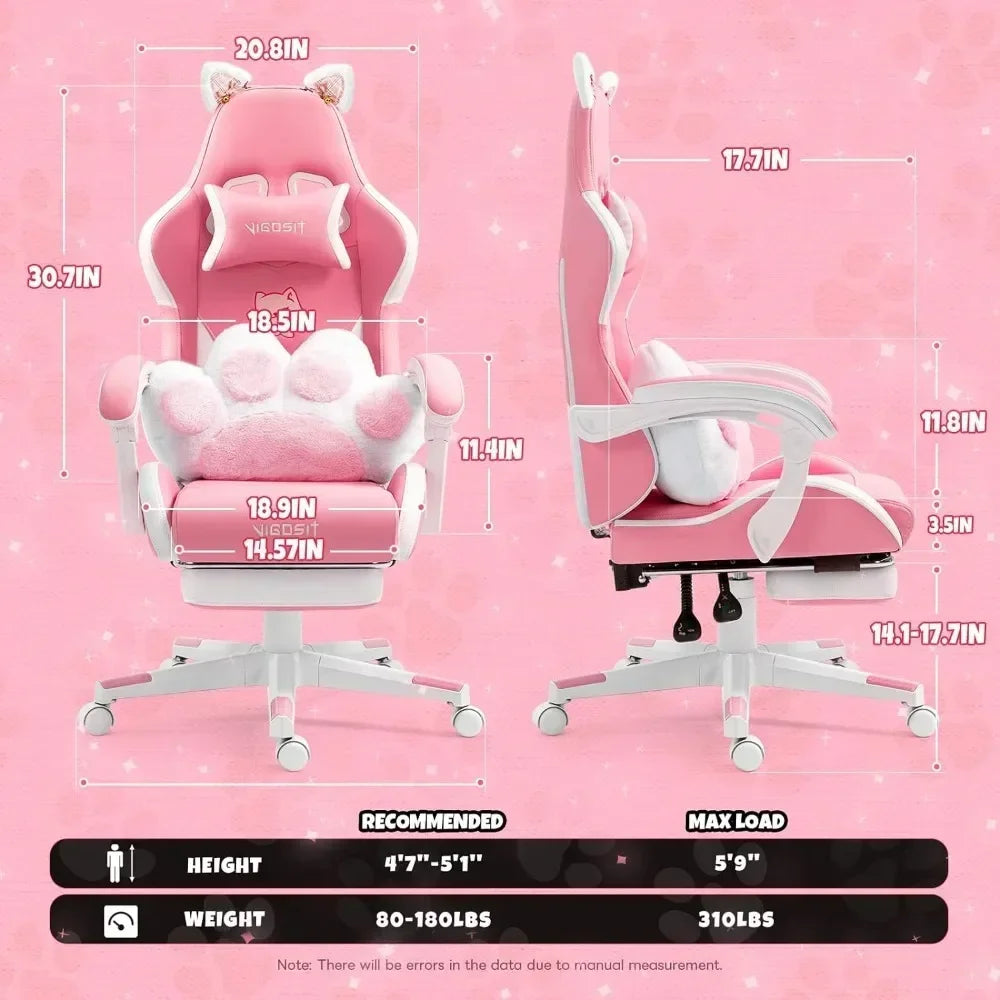 Pink Gaming Chair with Cat Paw Lumbar Cushion and Cat Ears, Ergonomic Computer Chair with Footrest