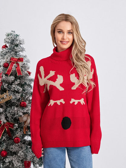 Women s Christmas Sweaters Long Sleeve Turtleneck Elk Print Pullovers Casual Knit Tops