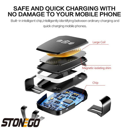 STONEGO Qi Fast Charging Car Holder, Wireless Charger, LED Indicator Lights Car Mount Auto Clamping Air Vent Mount Car Holder