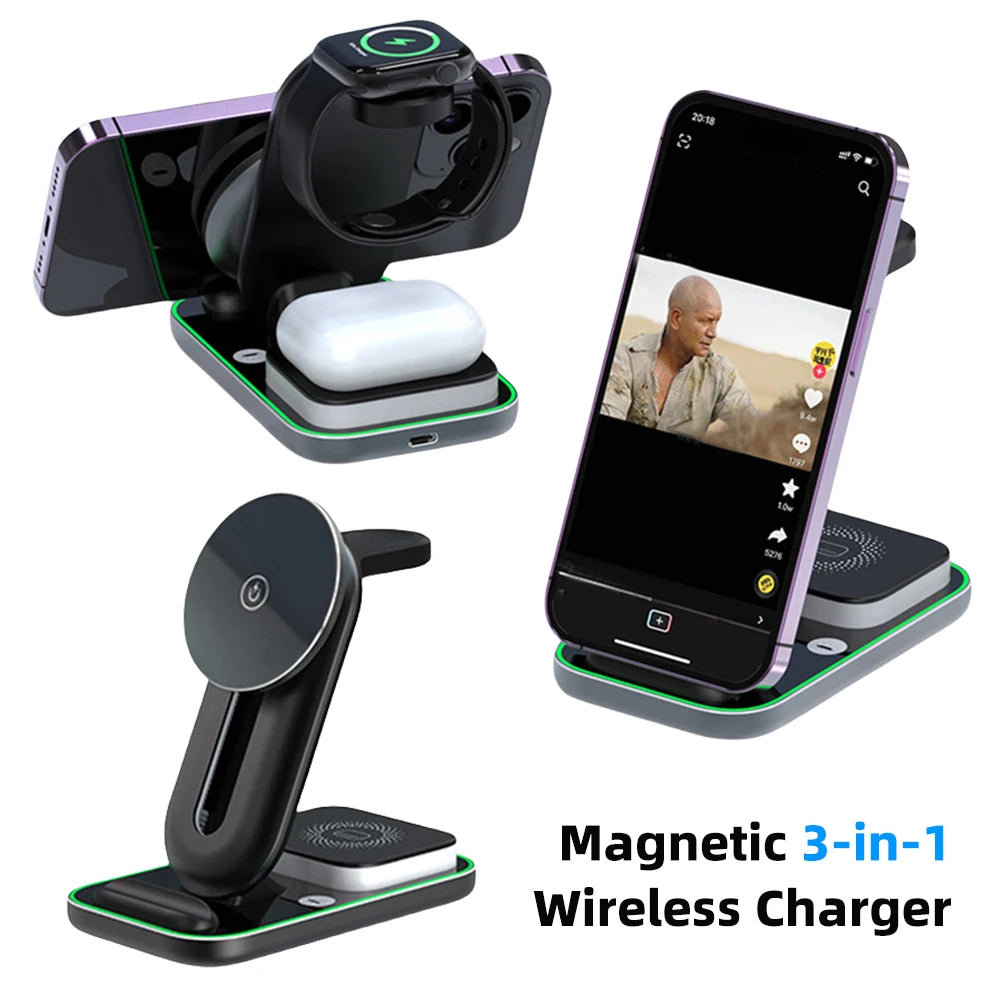 3 in 1 Magnetic Wireless Charger Adjustable 15W Fast Charging Dock Station with Touch Night Light for iPhone Apple Watch Airpods