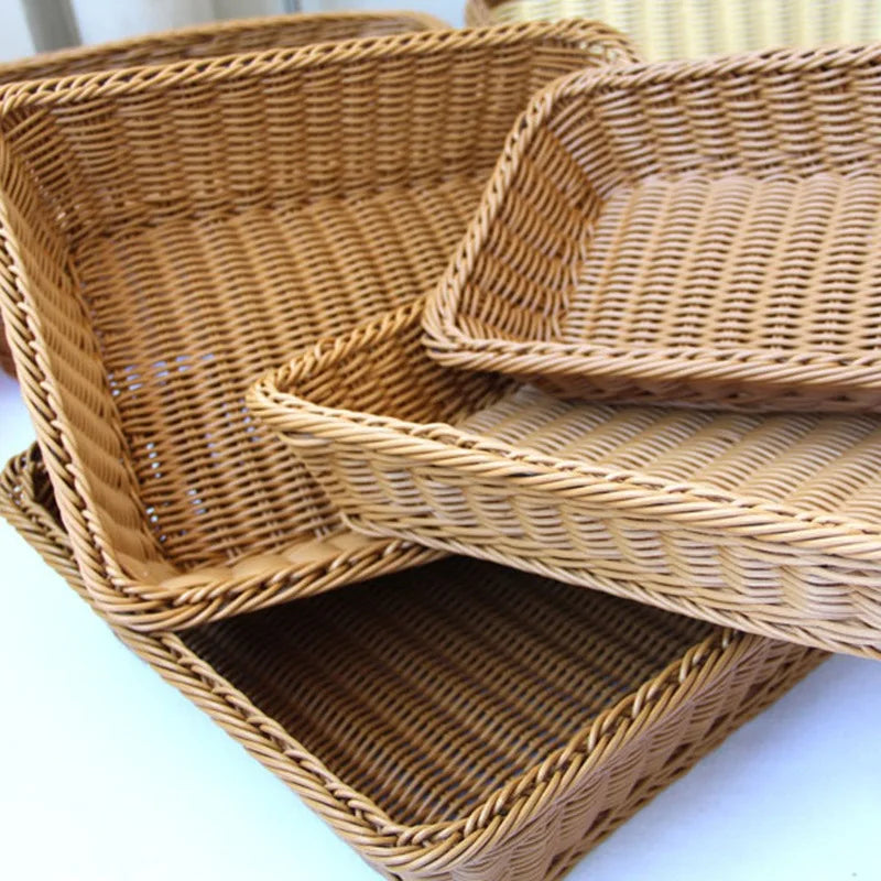 Handwoven Rattan Storage Basket Wicker Tray Rectangular Picnic Basket Bread Food Fruit Cake Plate Sundries Box Kitchen Organizer