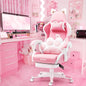 Pink Gaming Chair with Cat Paw Lumbar Cushion and Cat Ears, Ergonomic Computer Chair with Footrest