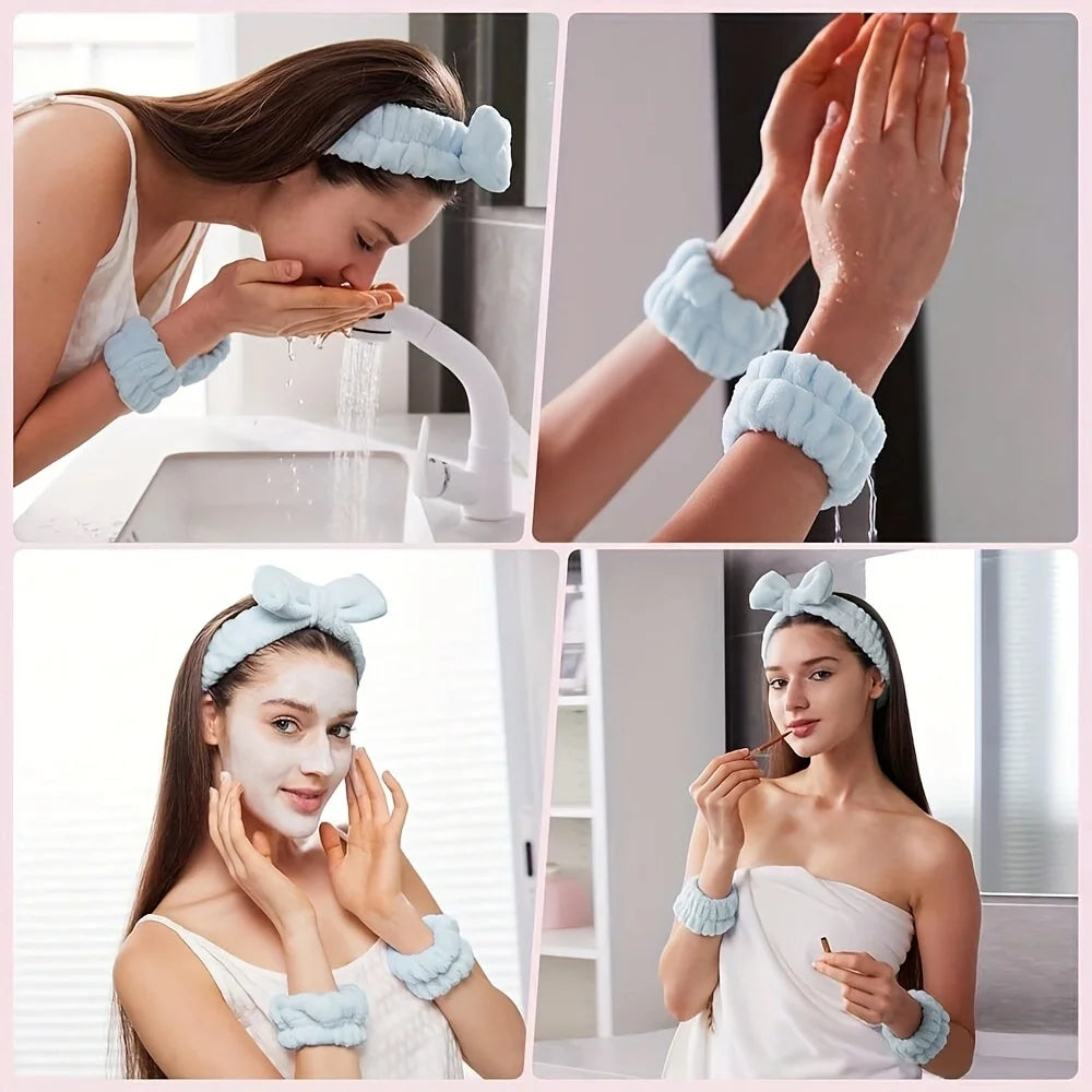 15 Pieces/Set Of Cleaning Headband And Wristband Set, Bow Decoration Headband, Soft Elastic Wristband, Bathroom Supplies