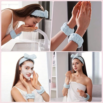 15 Pieces/Set Of Cleaning Headband And Wristband Set, Bow Decoration Headband, Soft Elastic Wristband, Bathroom Supplies