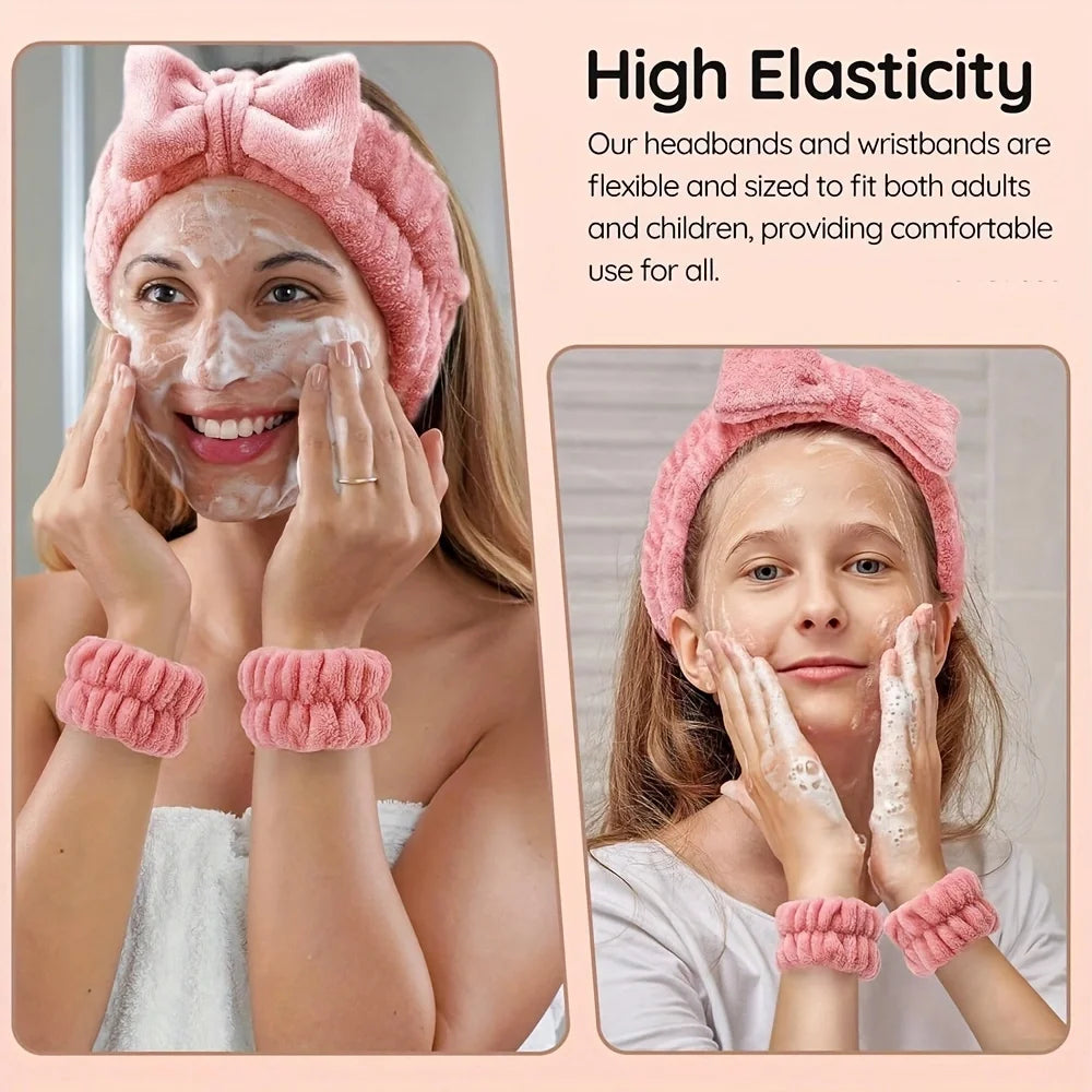 15 Pieces/Set Of Cleaning Headband And Wristband Set, Bow Decoration Headband, Soft Elastic Wristband, Bathroom Supplies