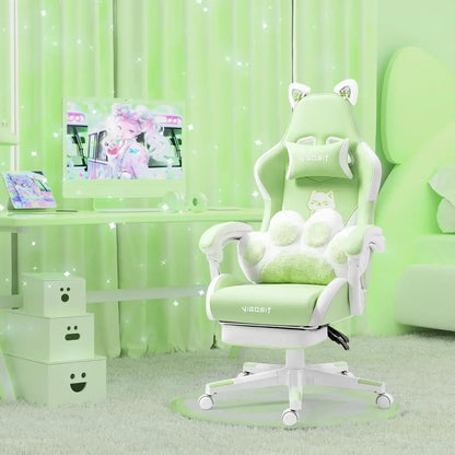 Pink Gaming Chair with Cat Paw Lumbar Cushion and Cat Ears, Ergonomic Computer Chair with Footrest
