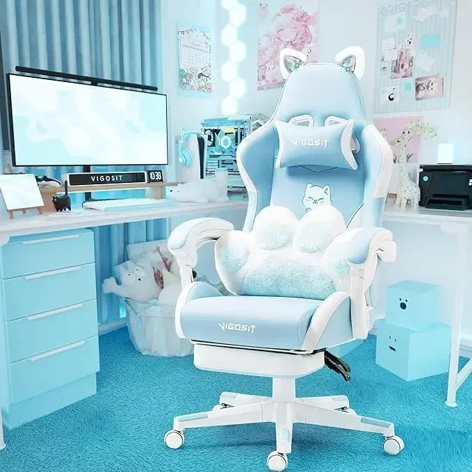 Pink Gaming Chair with Cat Paw Lumbar Cushion and Cat Ears, Ergonomic Computer Chair with Footrest