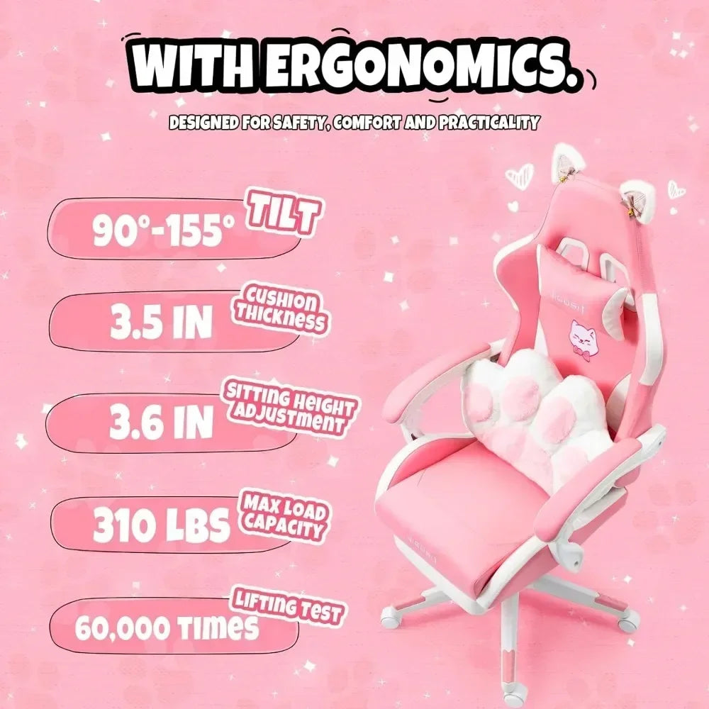 Pink Gaming Chair with Cat Paw Lumbar Cushion and Cat Ears, Ergonomic Computer Chair with Footrest