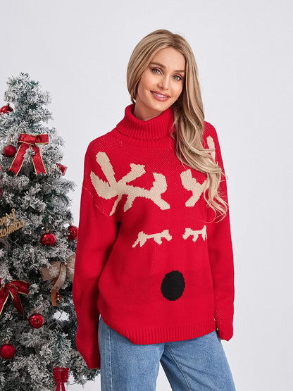 Women s Christmas Sweaters Long Sleeve Turtleneck Elk Print Pullovers Casual Knit Tops