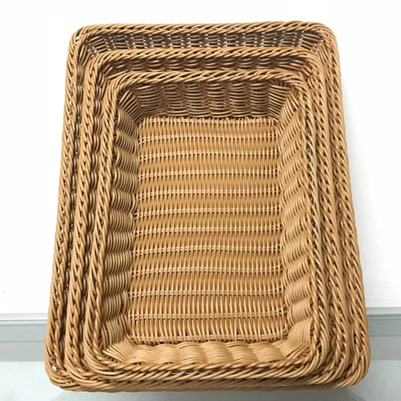 Handwoven Rattan Storage Basket Wicker Tray Rectangular Picnic Basket Bread Food Fruit Cake Plate Sundries Box Kitchen Organizer