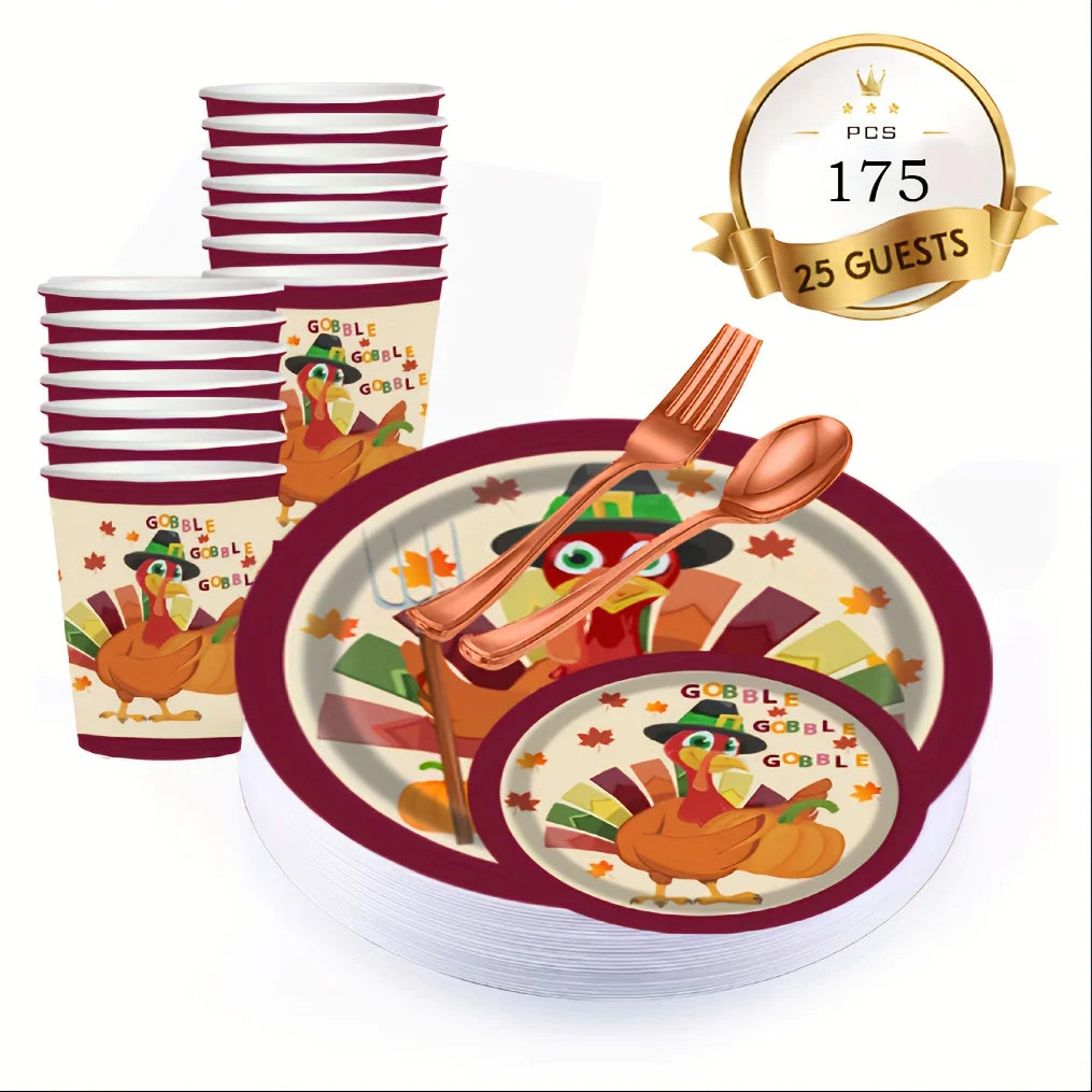 175 pcs Thanksgiving Harvest Turkey Paper Plate Set - Cutlery Sets for 25 Guests, Fall Autumn Holiday Party, Disposable Dinner a