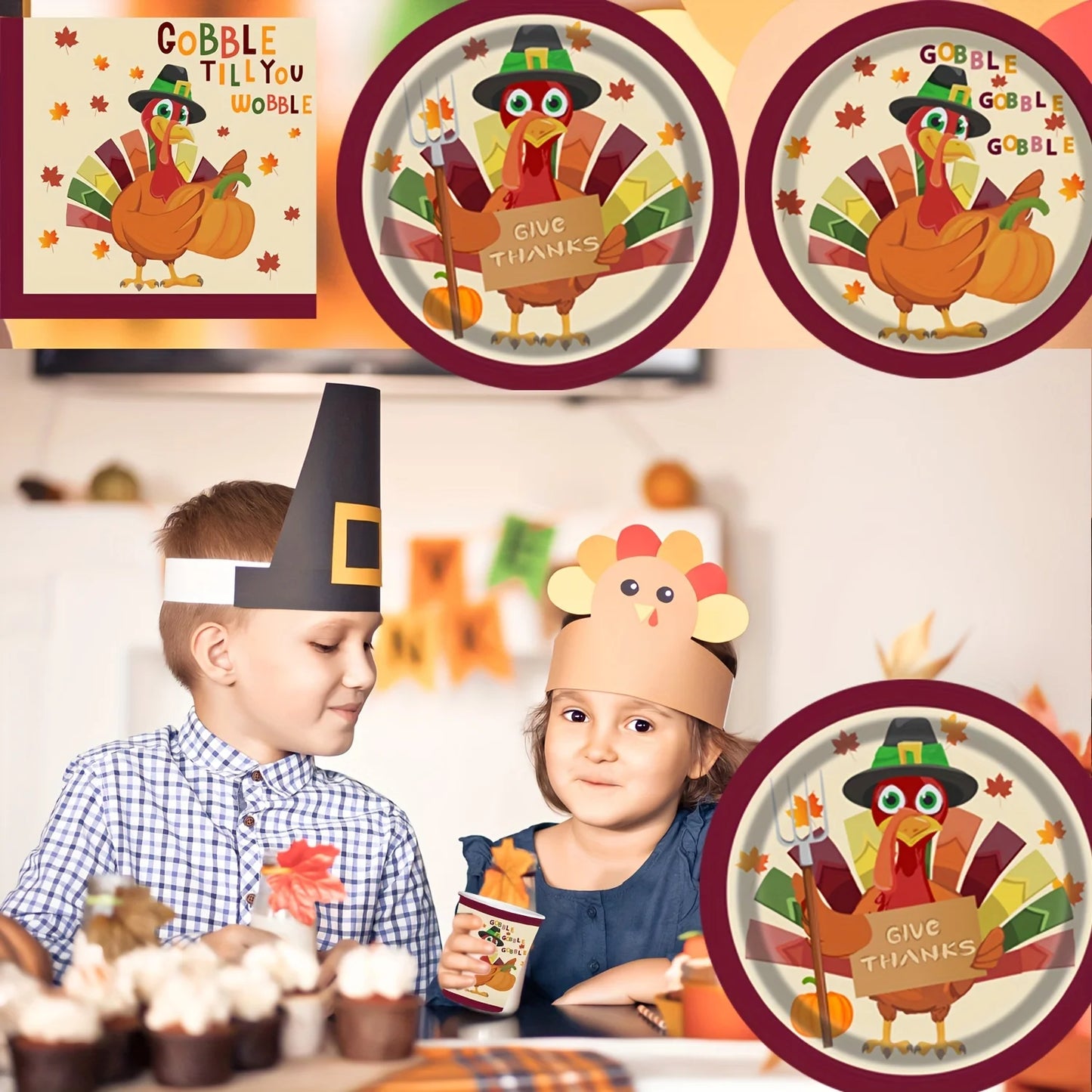 175 pcs Thanksgiving Harvest Turkey Paper Plate Set - Cutlery Sets for 25 Guests, Fall Autumn Holiday Party, Disposable Dinner a