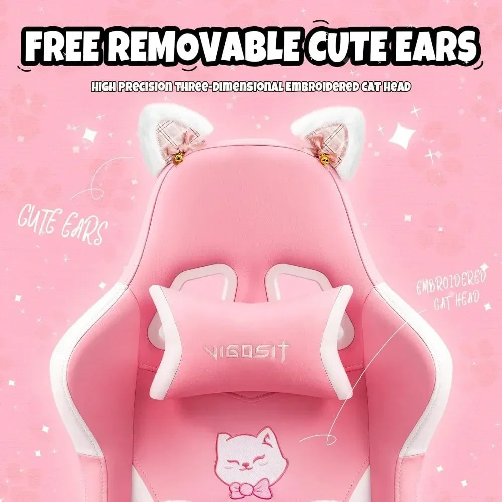 Pink Gaming Chair with Cat Paw Lumbar Cushion and Cat Ears, Ergonomic Computer Chair with Footrest