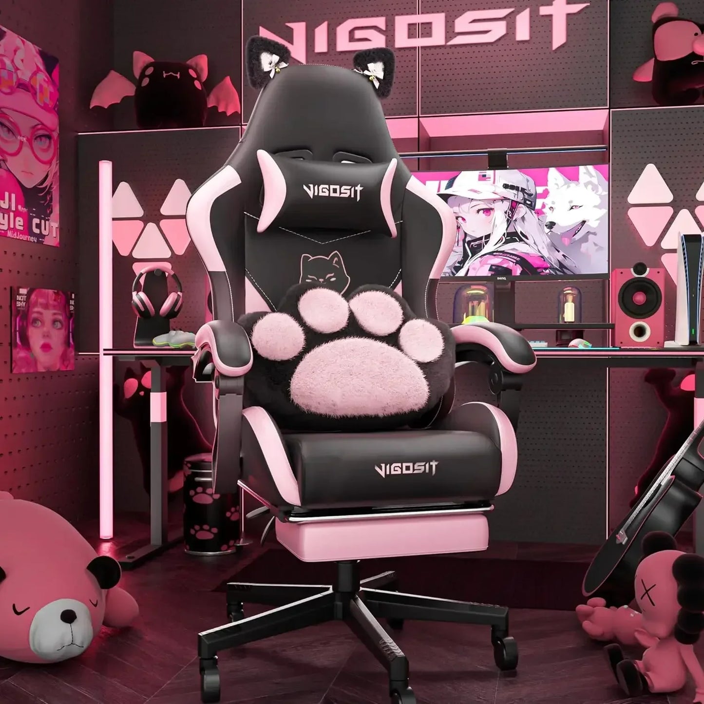 Pink Gaming Chair with Cat Paw Lumbar Cushion and Cat Ears, Ergonomic Computer Chair with Footrest