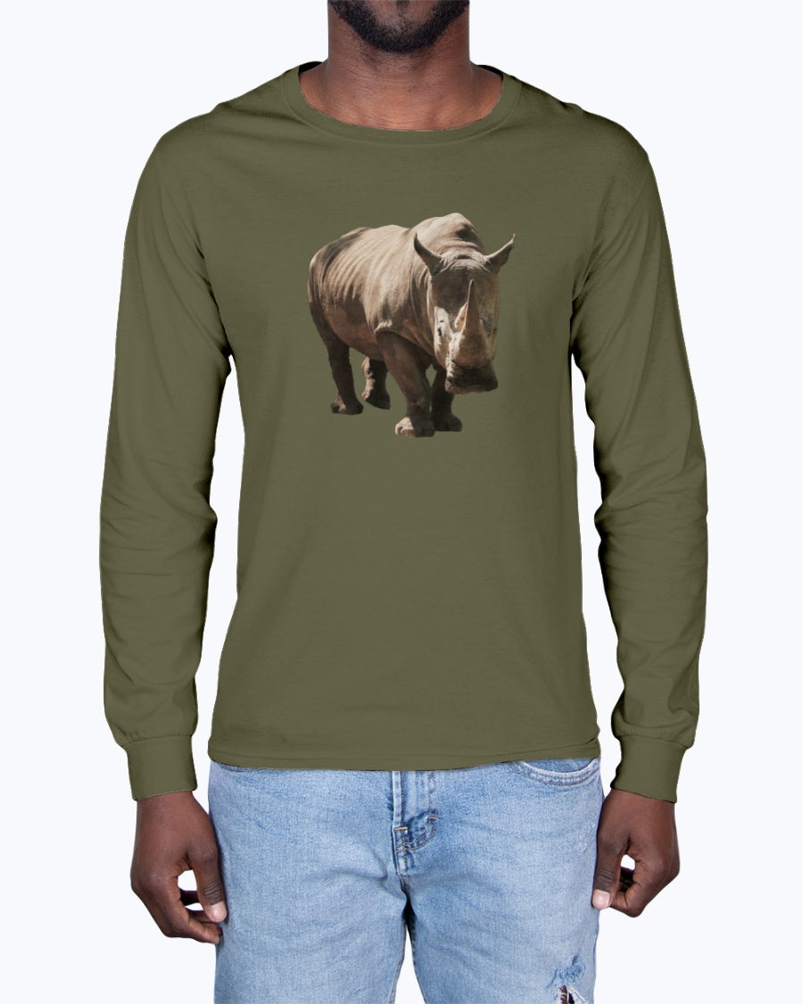 Rhino's Stance, Animal Lover Gift, Wildlife Sweatshirt, Nature Apparel, Thoughtful Gift, Eco-Conscious Fashion, Moss Apparel, Unisex Long Sleeve T-Shirt