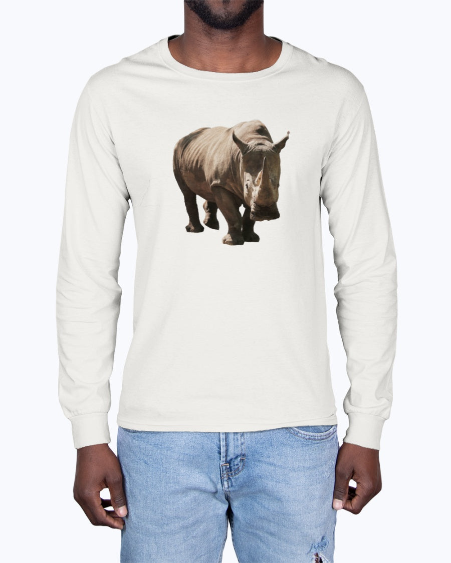 Rhino's Stance, Animal Lover Gift, Wildlife Sweatshirt, Nature Apparel, Thoughtful Gift, Eco-Conscious Fashion, Moss Apparel, Unisex Long Sleeve T-Shirt