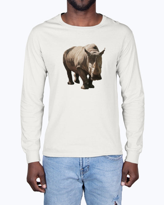 Rhino's Stance, Animal Lover Gift, Wildlife Sweatshirt, Nature Apparel, Thoughtful Gift, Eco-Conscious Fashion, Moss Apparel, Unisex Long Sleeve T-Shirt
